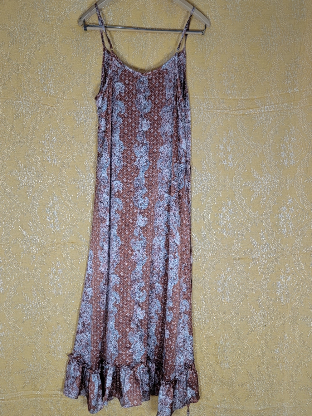 Mystree Boho Maxi Dress Medium | Rust Paisley Floral slip Dress Ruffle Hem - Picture 4 of 7